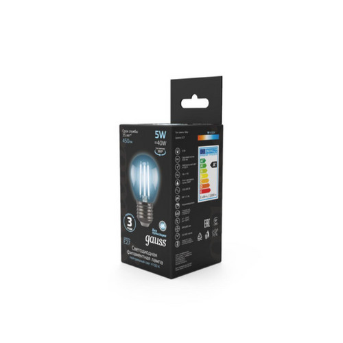 105802205 Лампа Gauss LED Filament Шар E27 5W 450lm 4100K 1/10/50