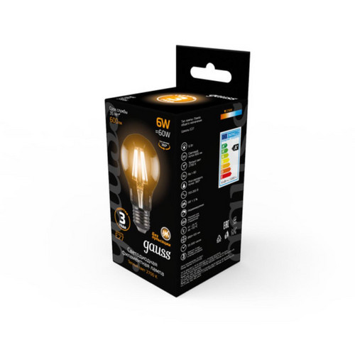 102802106 Лампа Gauss LED Filament A60 E27 6W 600lm 2700К 1/10/40