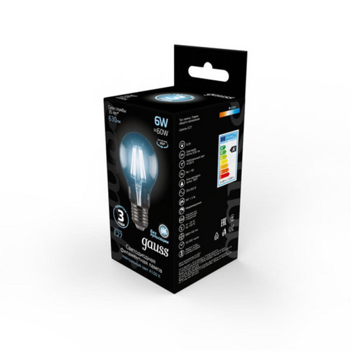 102802206 Лампа Gauss LED Filament A60 E27 6W 630lm 4100К 1/10/40