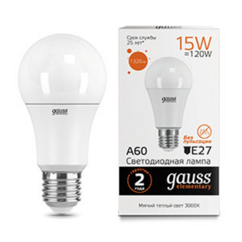 23215 Лампа Gauss LED Elementary A60 15W E27 1320lm 3000K 1/10/50