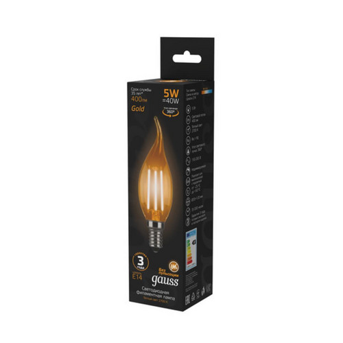 104801005 Лампа Gauss LED Filament Свеча на ветру E14 5W 400lm 2700K Golden 1/10/50