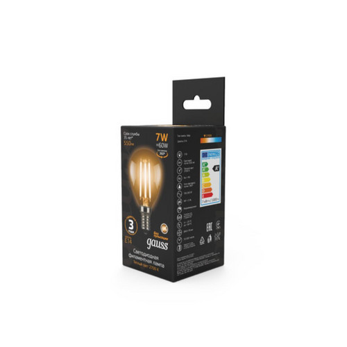 105801107 Лампа Gauss LED Filament Шар E14 7W 550lm 2700K 1/10/50