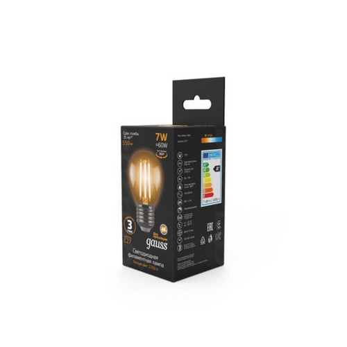 105802107 Лампа Gauss LED Filament Шар E27 7W 550lm 2700K 1/10/50