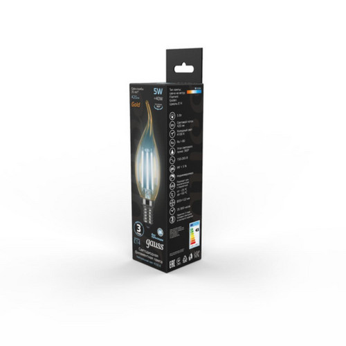 104801805 Лампа Gauss LED Filament Свеча на ветру E14 5W 420lm 4100K Golden 1/10/50