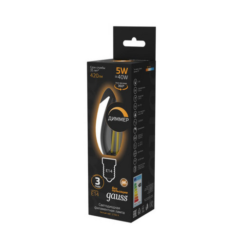 103801105-D Лампа Gauss Filament Свеча 5W 420lm 2700К Е14 диммируемая LED 1/10/50