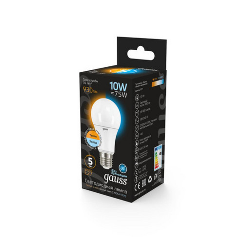 102502110-T Лампа Gauss A60 10W 930lm 3000K/4100K E27 изм.цвет.темп. LED 1/10/50