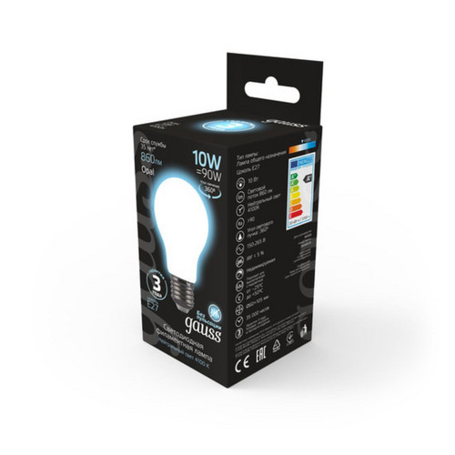 102202210 Лампа Gauss LED Filament A60 OPAL E27 10W 860lm 4100К 1/10/40