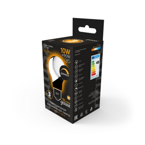 102202110-D Лампа Gauss Filament А60 10W 820lm 2700К Е27 milky диммируемая LED 1/10/40