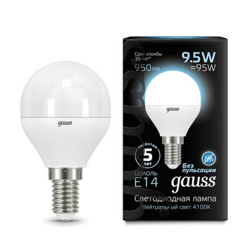 105101210 Лампа Gauss LED Шар E14 9.5W 950lm 4100K 1/10/50
