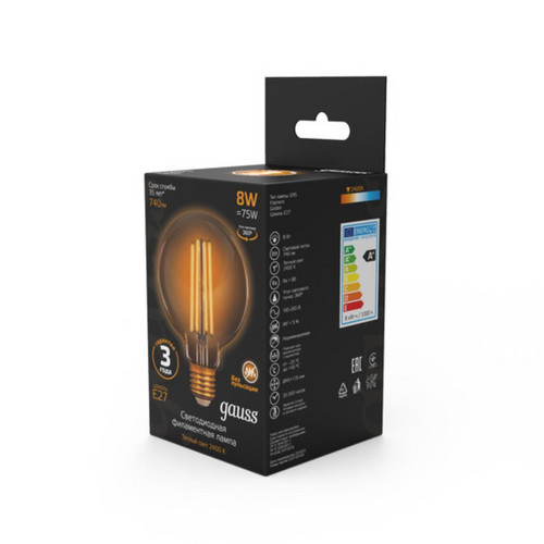 105802008 Лампа Gauss LED Filament G95 E27 8W Golden 740lm 2400К 1/20