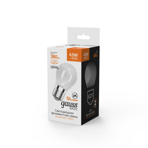 1055215 Лампа Gauss Basic Filament Шар 4,5W 380lm 2700К Е27 milky LED 1/10/50