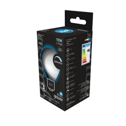 179202210-D Лампа Gauss Filament А160 10W 890lm 4100К Е27 milky диммируемая LED 1/6