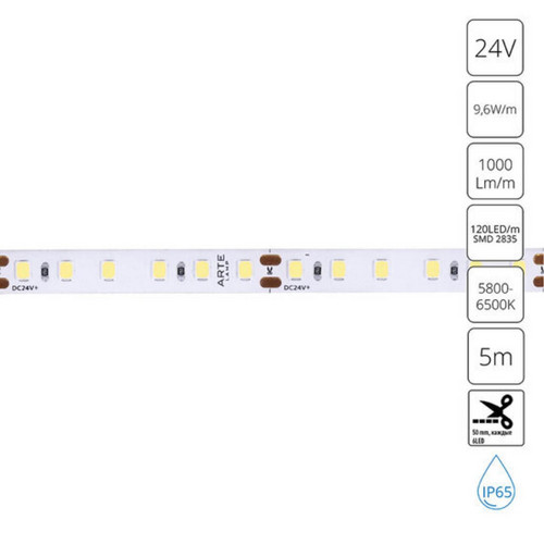 A2412008-06-6K Светодиодная лента 24В 9,6Вт/м 1000Лм/м 6000К 90+ 8мм SMD2835 120шт/м 5м IP65