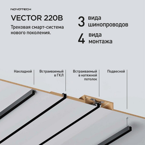135299 PORT NT25 200 черный Шинопровод накладной/подвесной в комплекте заглушки 2шт, крышка и соединит. планка, 1м IP20 90-240V VECTOR