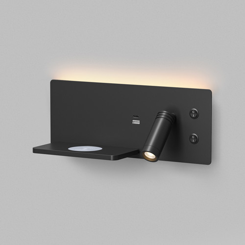Светильник настенный CHARGELUX, с функцией беспроводной зарядки, USB-A , 3Вт+8Вт, 3000К, левый, алюминий, черный
